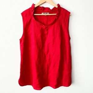 Flax red linen ruffle v neck tank top large